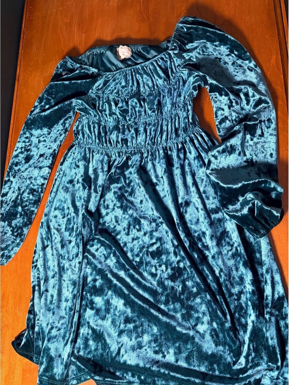 Btween Teal Blue Crushed Velvet Long Sleeve Smocked Mini Dress Size 12